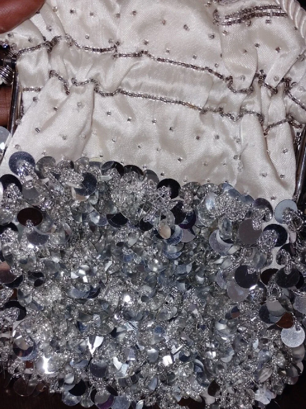 Nina Ricci Paris,Sequin & Bead White Drawstring Wristlet
